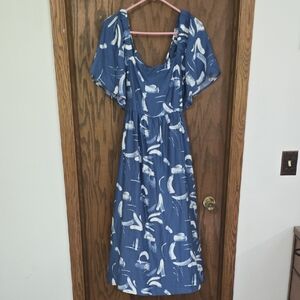 A New Day Blue and White Flutter Sleeve Sundress